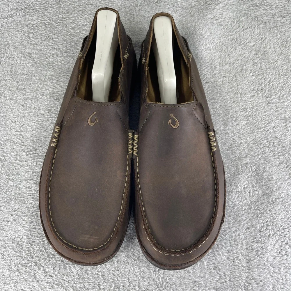 OluKai Moloa Slip On Shoes Men 9.5 Brown Leather Loafers Casual Drop-In Heel